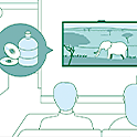 Ilustrácia dvojice, ktorá sleduje televízor s grafickými prvkami, ktoré zobrazujú udržateľné iniciatívy