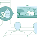 Illustration of a couple watching TV with graphic elements showing sustainability initiatives