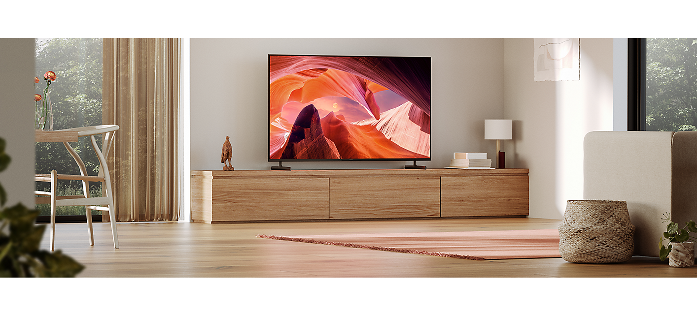 BRAVIA X80L/X81BL on wooden plinth with image of rocks on screen