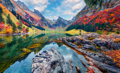 Image of a lake surrounded by mountains and trees with incredibly rich, vivid colours