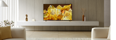 BRAVIA X90L in living room on stand with golden crystals on screen