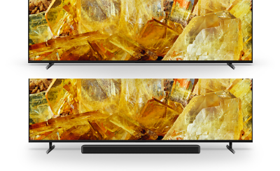 Image of two X90L Series BRAVIA TVs showing stand in standard setting and soundbar setting