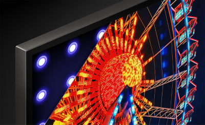 Detail of corner of TV showing white dots and fairground ferris wheel