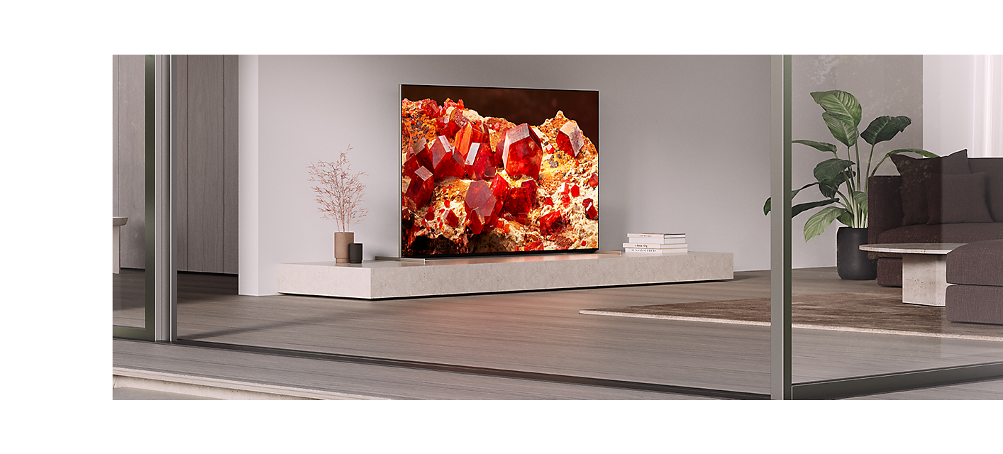 Téléviseur BRAVIA X93L à côté d’une plante et de livres, avec des cristaux multicolores à l’écran, dans un salon
