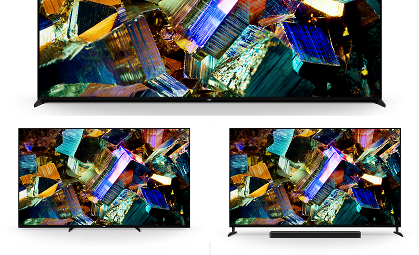 Image of three Z9K Series BRAVIA TVs showing stand in standard setting, narrow setting and soundbar setting and screenshots of colourful foil boxes