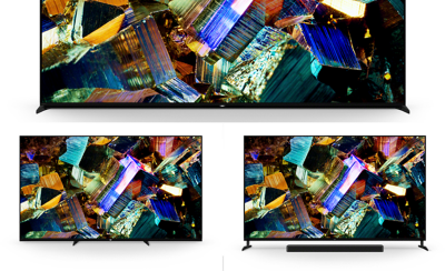 Obrázok troch televízorov BRAVIA Z9K Series, ktorý ukazuje stojan v štandardnom nastavení, úzkom nastavení a nastavení pre reproduktorový panel a snímky obrazovky farebných fóliových krabíc