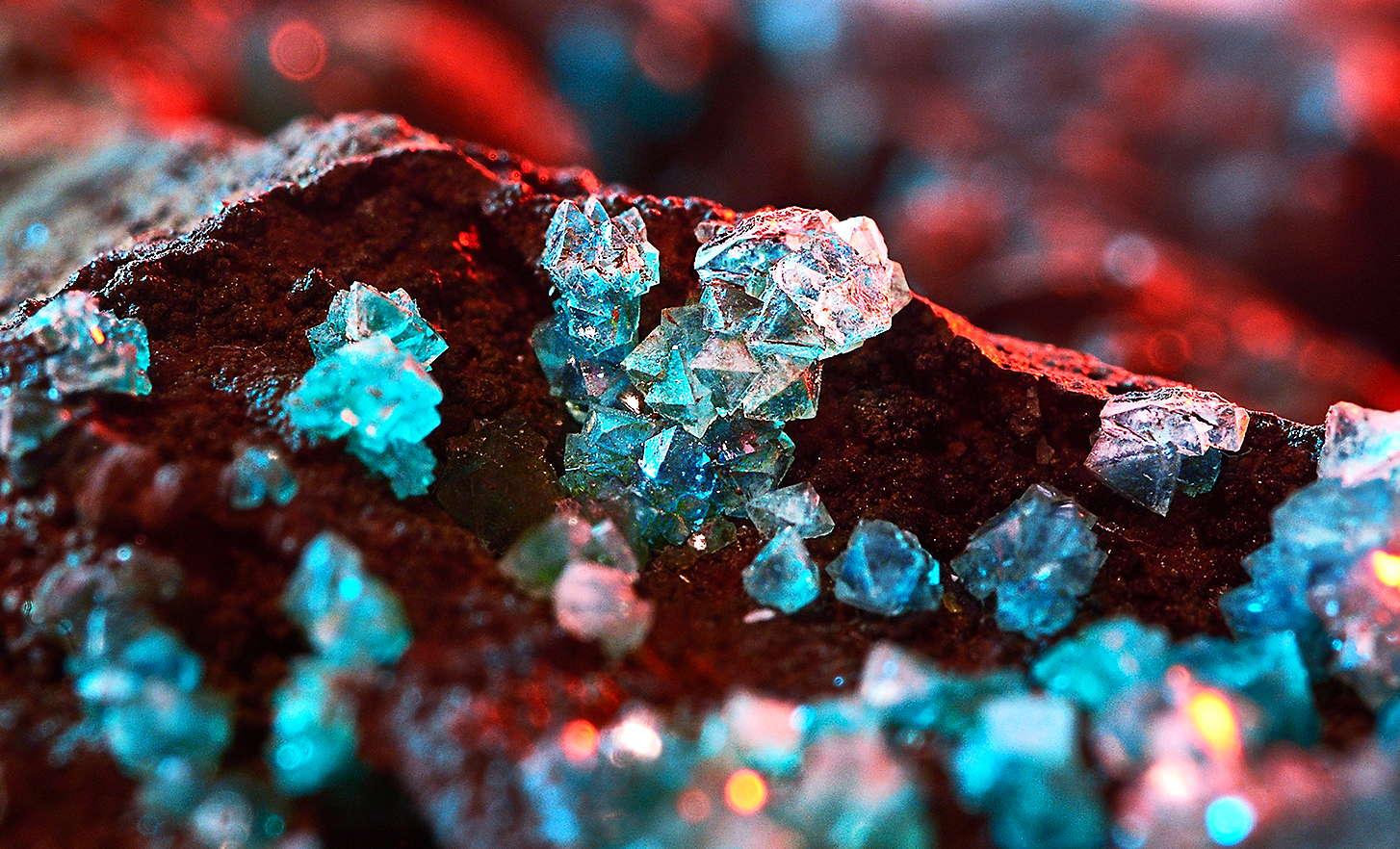 Screenshot met rode, turquoise en heldere kristallen