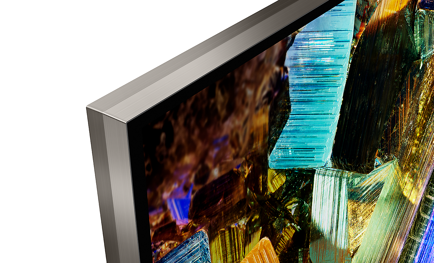 Détails d'un coin de la TV BRAVIA montrant un design minimaliste presque sans cadre et une capture d'écran de boîtes en aluminium colorées