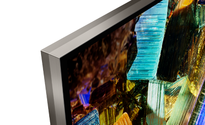 Detail rohu televízora BRAVIA, ktorý zobrazuje takmer bezrámový dizajn Seamless Edge a snímka obrazovky zobrazuje farebné fóliové krabice