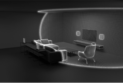 Angled view of a grey sofa in a living room with low coffee table, wall-mounted TV with surround speakers to each side, soundbar on a plinth and wide shaded area showing excellent sound coverage across the room