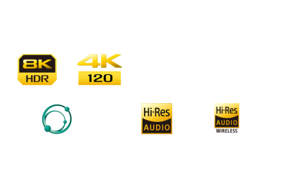 Logos of 8K HDR,4K 120, Compatible with Dolby Vision, 360 Reality Audio, Hi-Res Audio and Hi-Res Audio Wireless