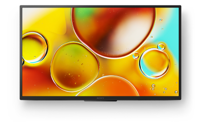 Front view of TV with screenshot of yellow, orange and blue droplets