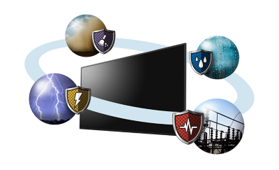 Illustration of a BRAVIA TV surrounded by protective shields, symbolising protection against dust, humidity, power surges and lightning strikes.