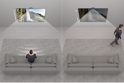 תצוגת מסך מפוצל עם תמונה משמאל המציגה אדם על ספה שצופה בטלוויזיה, ותמונה מימין המציגה אדם שיוצא מהחדר ומסך חשוך