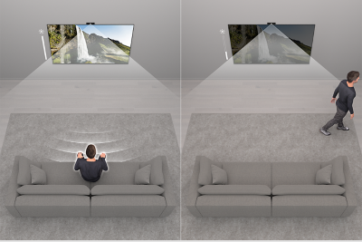 Split-screen view with image on left showing a person on a sofa watching TV and image on right showing a person walking out of the room with screen dark