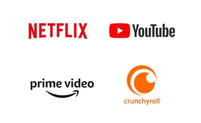 Logos of Netflix, YouTube, Prime Video and crunchyroll