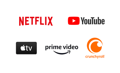 Logos of Netflix, YouTube, Apple TV, Prime Video and crunchyroll