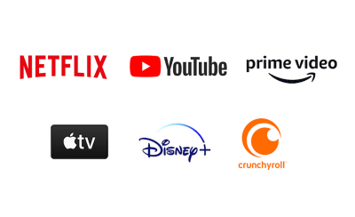 סמלי לוגו של Netflix‏, YouTube‏, Prime Video‏, Apple TV‏, Disney+‎ ו-crunchyroll
