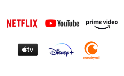 Logos of Netflix, YouTube, Prime Video, Apple TV, Disney+ and Crunchyroll