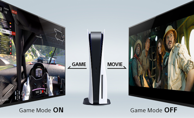 Trung tâm máy chơi game PlayStation® 5 với cảnh nhìn từ một bên game lái xe trên TV ở bên trái và cảnh nhìn từ một bên TV đang phát phim ở bên phải, bên dưới là dòng chữ Chế độ game BẬT và Chế độ game TẮT