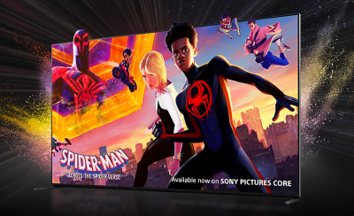 Angled view of TV with screenshot of SPIDER-MAN Across the Spider-Verse and colourful starburst behind