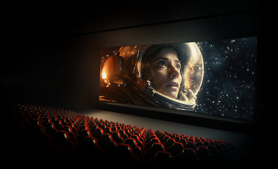 מבט על קולנוע עם שורות של מושבים אדומים ומסך קולנוע המציג אסטרונאוט בחלל