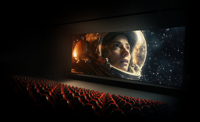 View of cinema with rows of red seats and cinema screen with astronaut in space