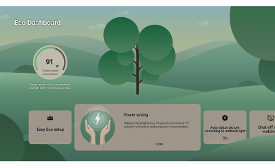 Screenshot showing trees and hills with Eco Dashboard menu below and Power saving mode highlighted