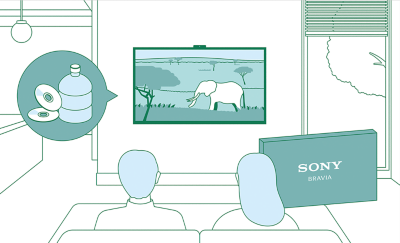 גרפיקה המציגה שני אנשים יושבים על ספה וצופים בטלוויזיה מותקנת על קיר, עם הדגשה מעגלית של סמלי תקליטורים ובקבוק בצד שמאל ואריזה של Sony מימין