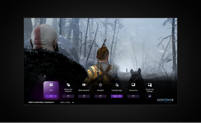 Screenshot of two warriors in God of War Ragnarök game with game settings menu below