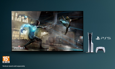 TV with screenshot of Marvel SPIDER-MAN 2, PlayStation® 5 console and controller to right and 15+ logo bottom left