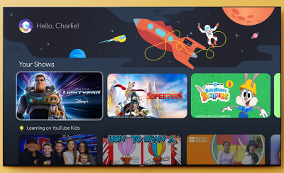 Screenshot of a Google TV kids profile with a variety of content highlighted