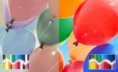 Split screen image of coloured balloons with image on right showing vivid colours of Live Colour