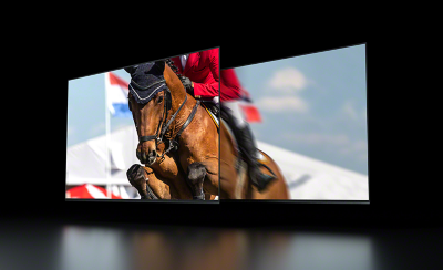 Angled view of TVs with screenshot of horse jumping with image on left showing clearer, smoother action