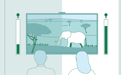 Graphic showing two people watching TV with screenshot of elephant in countryside and bars to each side showing screen brightness