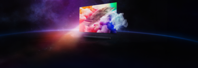 Angled view of TV and soundbar with screenshot of a spaceship in a misty, multi-coloured world