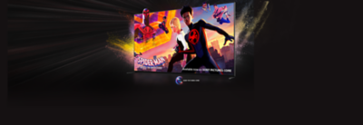 Fernseher auf einem schwarzen Hintergrund mit Sternenanhäufung, auf dem ein Screenshot von Spider-Man: Across the Spider-Verse zu sehen ist