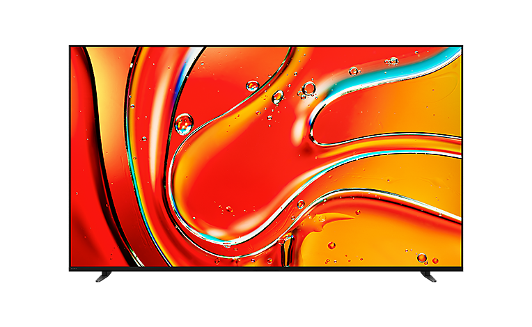 מבט קדמי על BRAVIA 7 עם צילום מסך של טיפות מים בצבע אדום וכתום