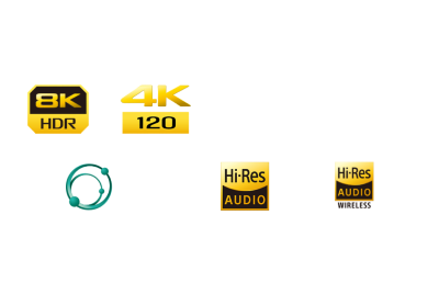 Logos of 8K HDR, 4K 120, Compatible with Dolby Vision, 360 Reality Audio, Hi-Res Audio and Hi-Res Audio Wireless