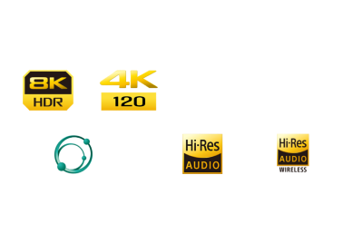 Логотипы 8K HDR, 4K 120, Compatible with Dolby Vision, 360 Reality Audio, High-Resolution Audio и High-Resolution Audio Wireless