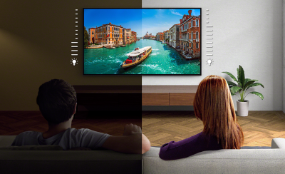 Split screen image of two people on a sofa watching a wall-mounted TV with screenshot of a boat in Venice: the person on the left is watching in a dark room, the person on the right is watching in a light room