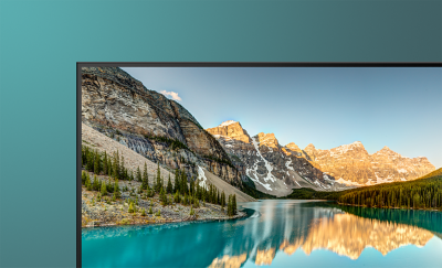 Image showing top part of TV with screenshot of mountains reflected in a lake