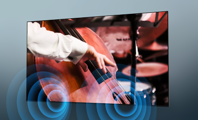 Angled view of TV with musician playing a double bass and sound waves projected from screen