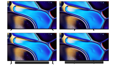 Imagine divizata in patru, cu patru televizoare cu imagini cu picaturi de apa galbene, negre si albastre, ilustrand cele patru pozitii ale suportului – pozitionare larga si pozitionare ingusta sus, pozitionare larga si pozitionare ingusta cu bara de sunet jos