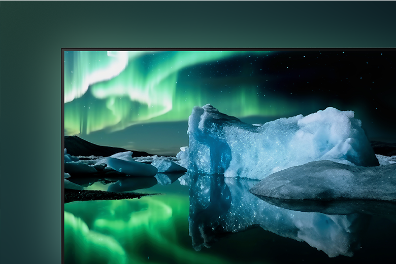 Detail of top left corner of TV showing screenshot of iceberg and Northern Lights