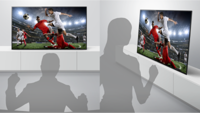 Graphic showing a person on left watching a football match from in front of a TV and a person on right watching a football match from the side of a TV