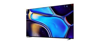 Left front angled view of BRAVIA 8 with screenshot of blue water droplets
