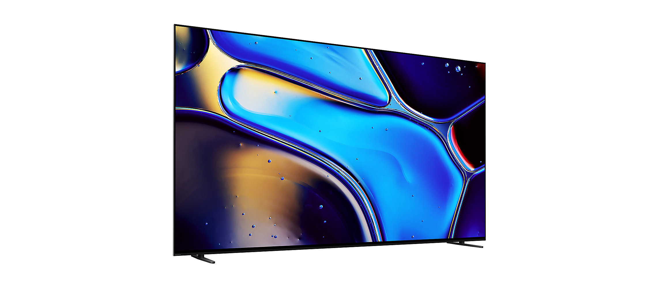 Right front angled view of BRAVIA 8 with screenshot of blue water droplets