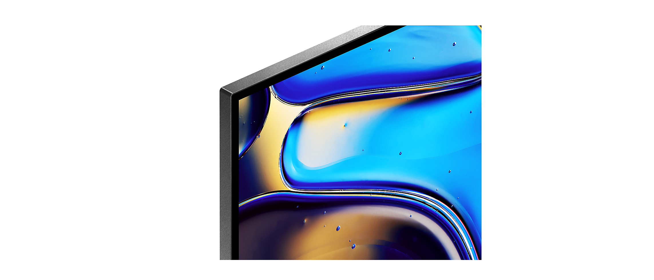 Detail of bezel of BRAVIA 8 with screenshot of blue water droplets