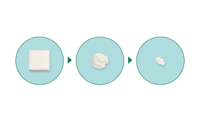 Graphic of three circles connected by arrows: the first circle contains a large piece of marine biodegradable material, the second circle shows the material smaller and the third circle shows the material very small